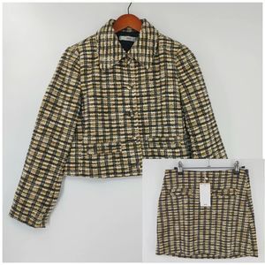 Mango MNG Check Tweed Jacket Skirt Set Womens Small Brown Mini Sustainable